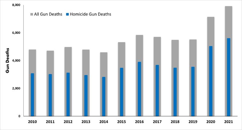 Number of total gun deaths among all BCHC cities, with insert bar representing homicides, 2010-2021